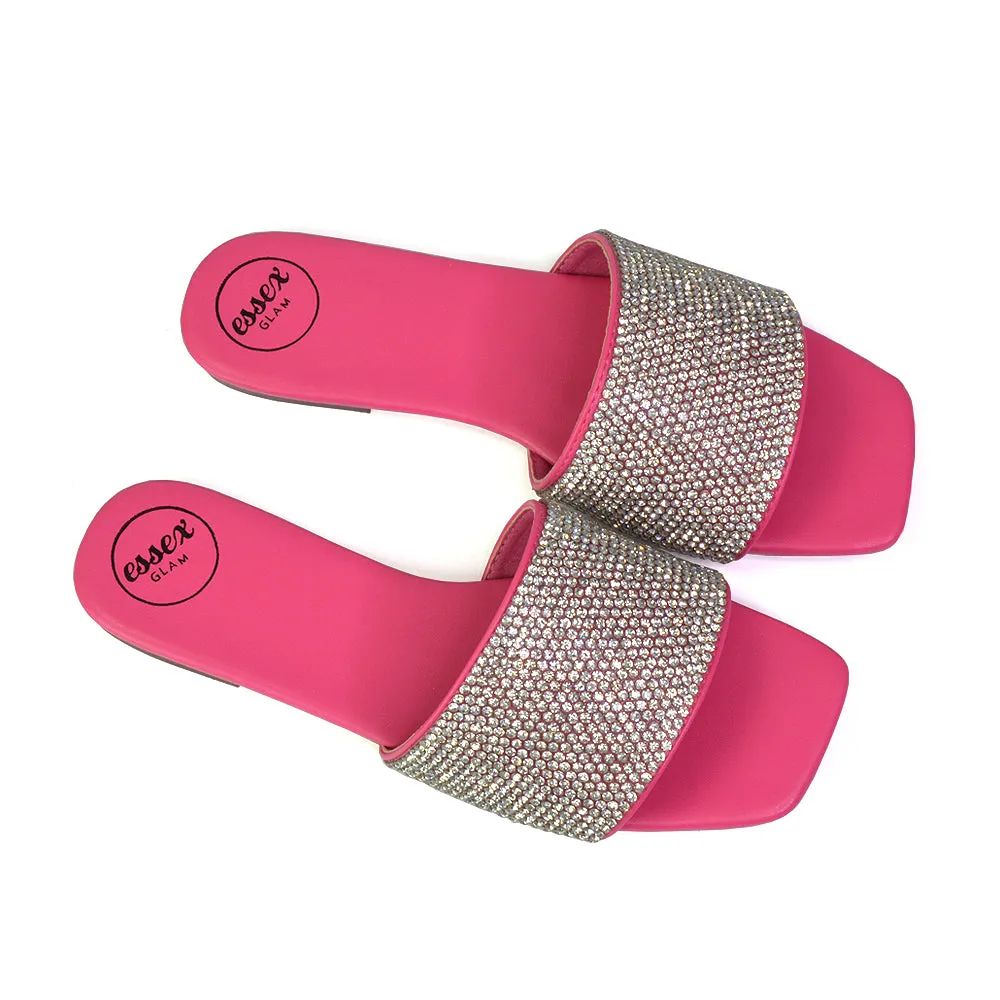 Vanity Flat Diamante Gem Crystal Sandals with a Square Toe in Fuchsia