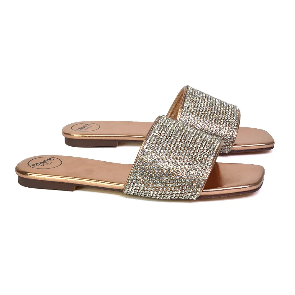 Vanity Flat Diamante Gem Crystal Sandals with a Square Toe in Fuchsia