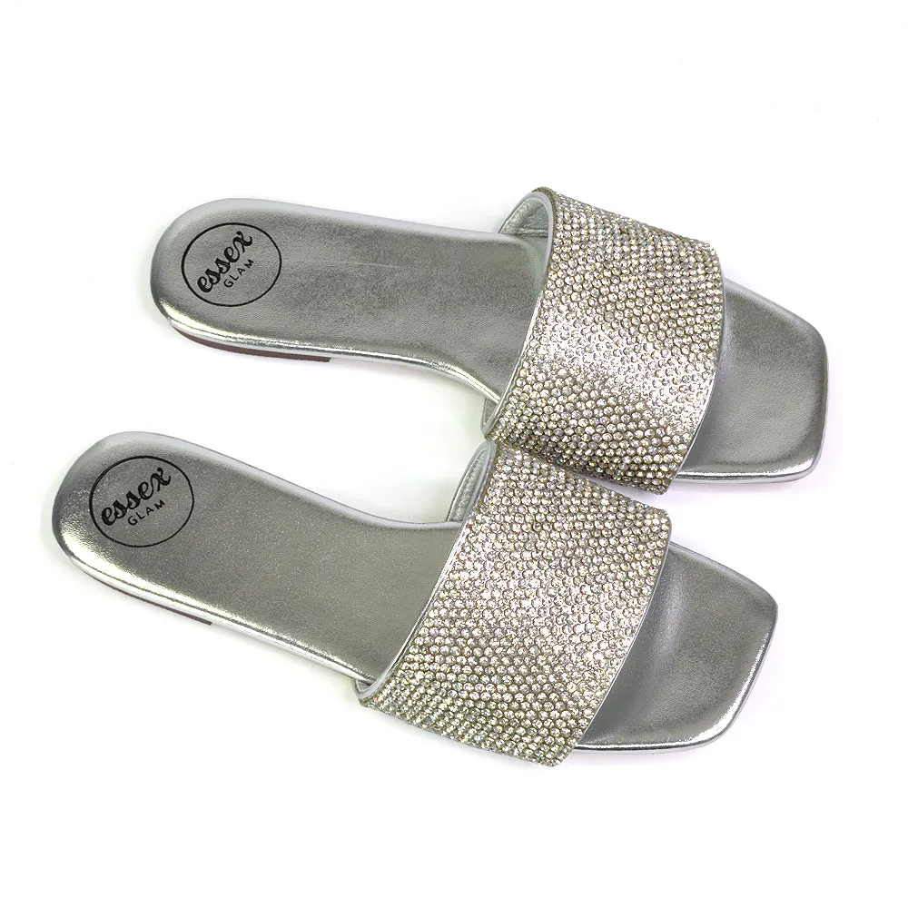 Vanity Flat Diamante Gem Crystal Sandals with a Square Toe in Fuchsia