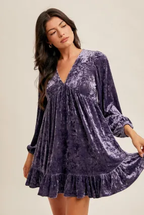 Violet Crushed Velvet V-Neck Babydoll Bubble Sleeve Holiday Cocktail Dress