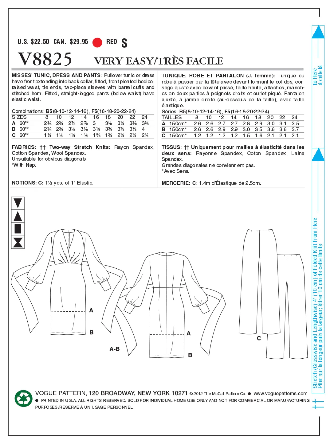 Vogue Pattern 8825 Tunic, Dress And Trousers