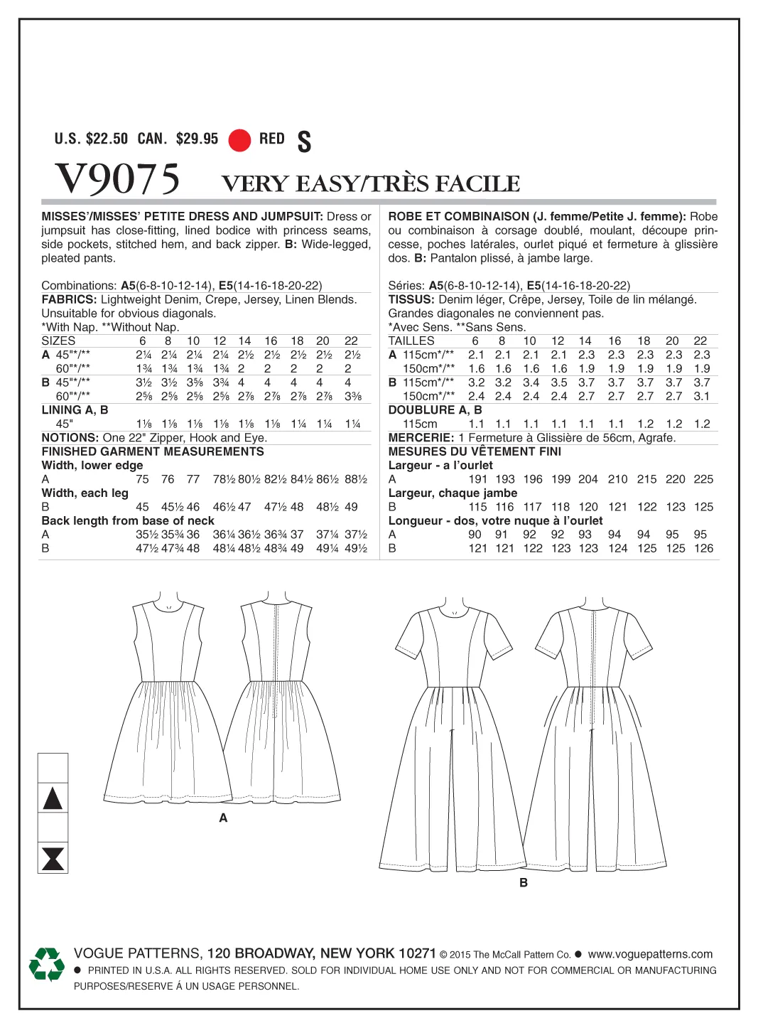 Vogue Pattern V9075 Misses'/Misses' Petite Dress and Jumpsuit