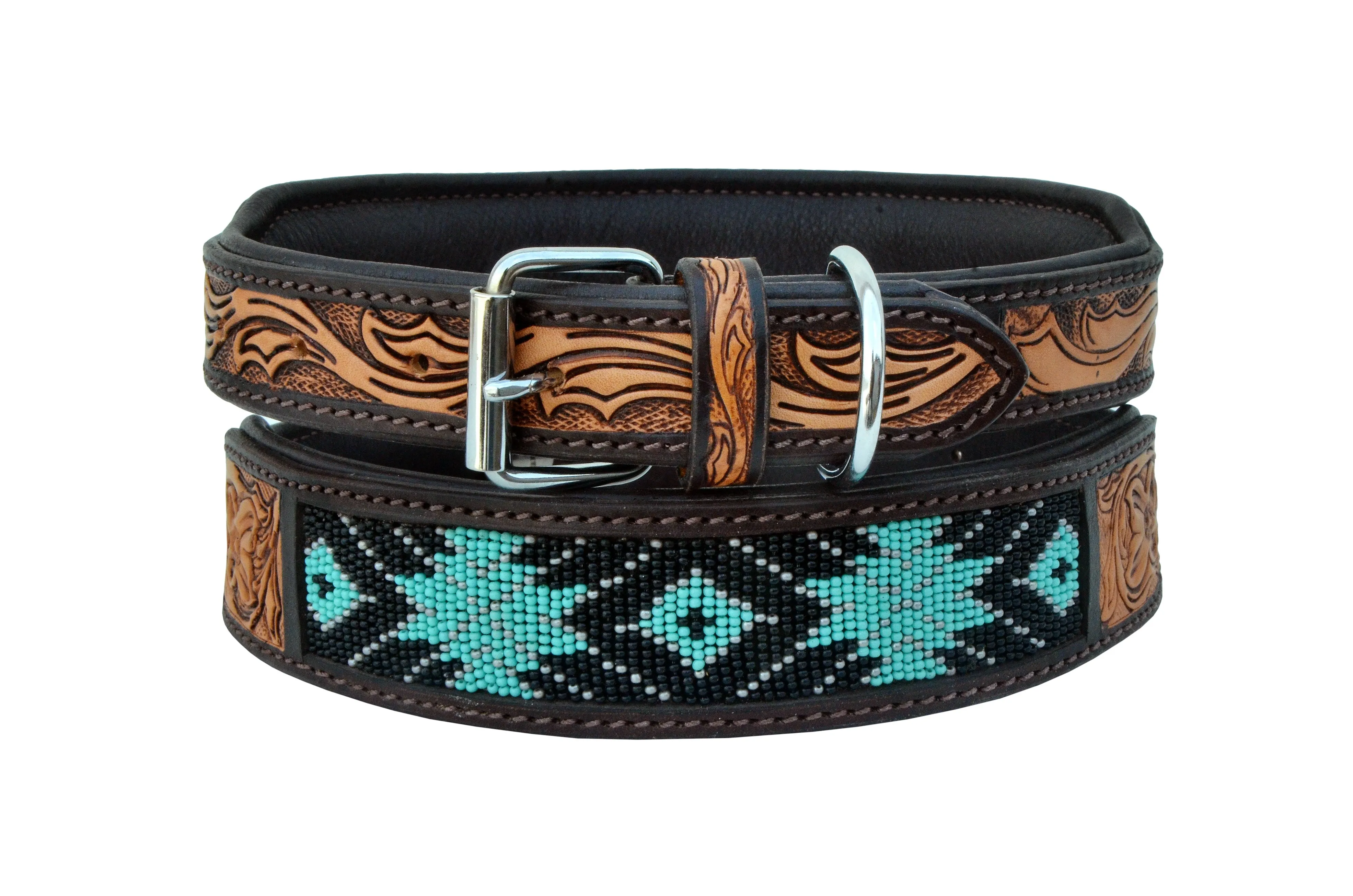 Western Style Beaded and Tooled Leather Dog Collar With Padded Soft Lining 10AB009