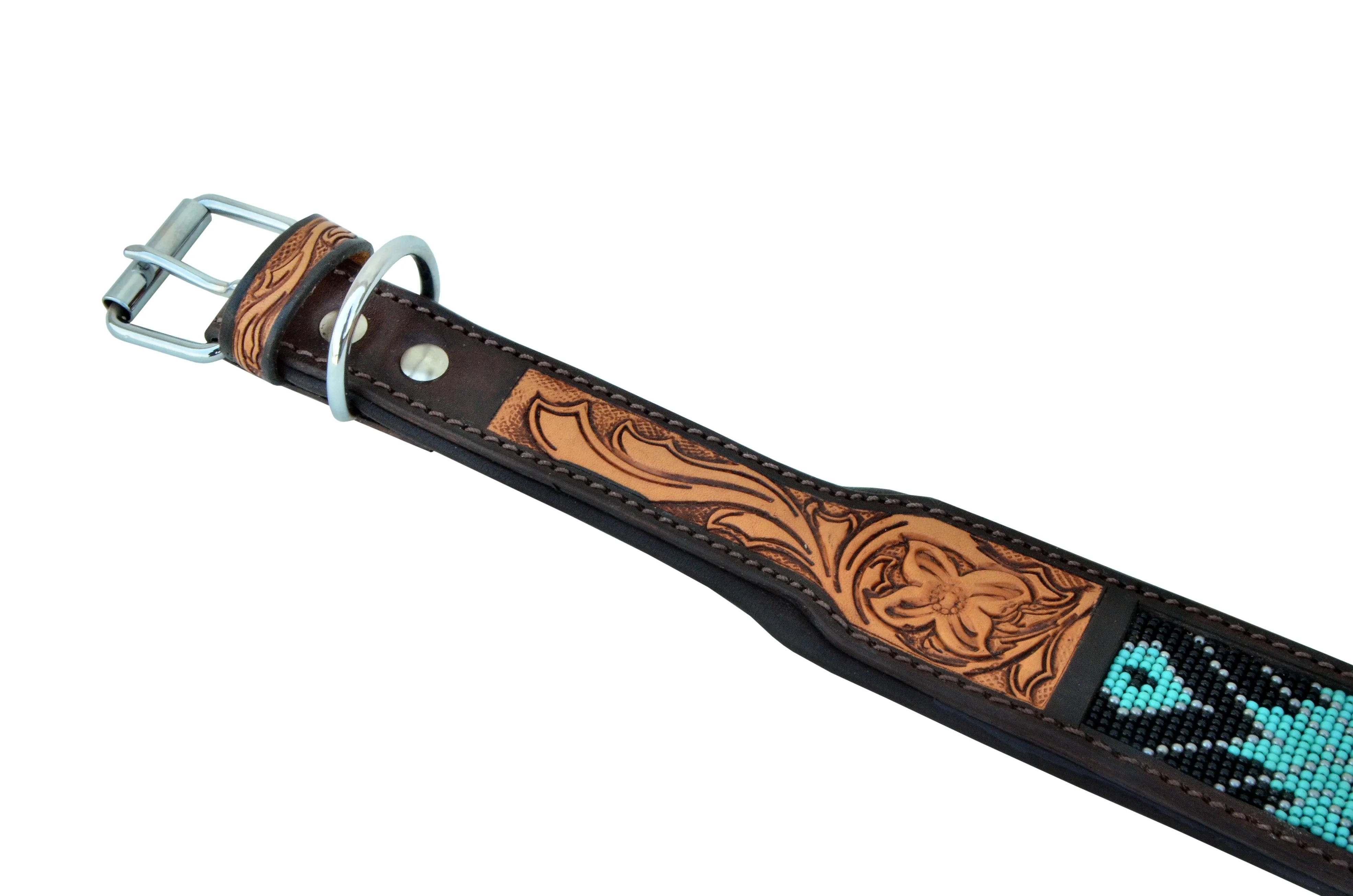 Western Style Beaded and Tooled Leather Dog Collar With Padded Soft Lining 10AB009