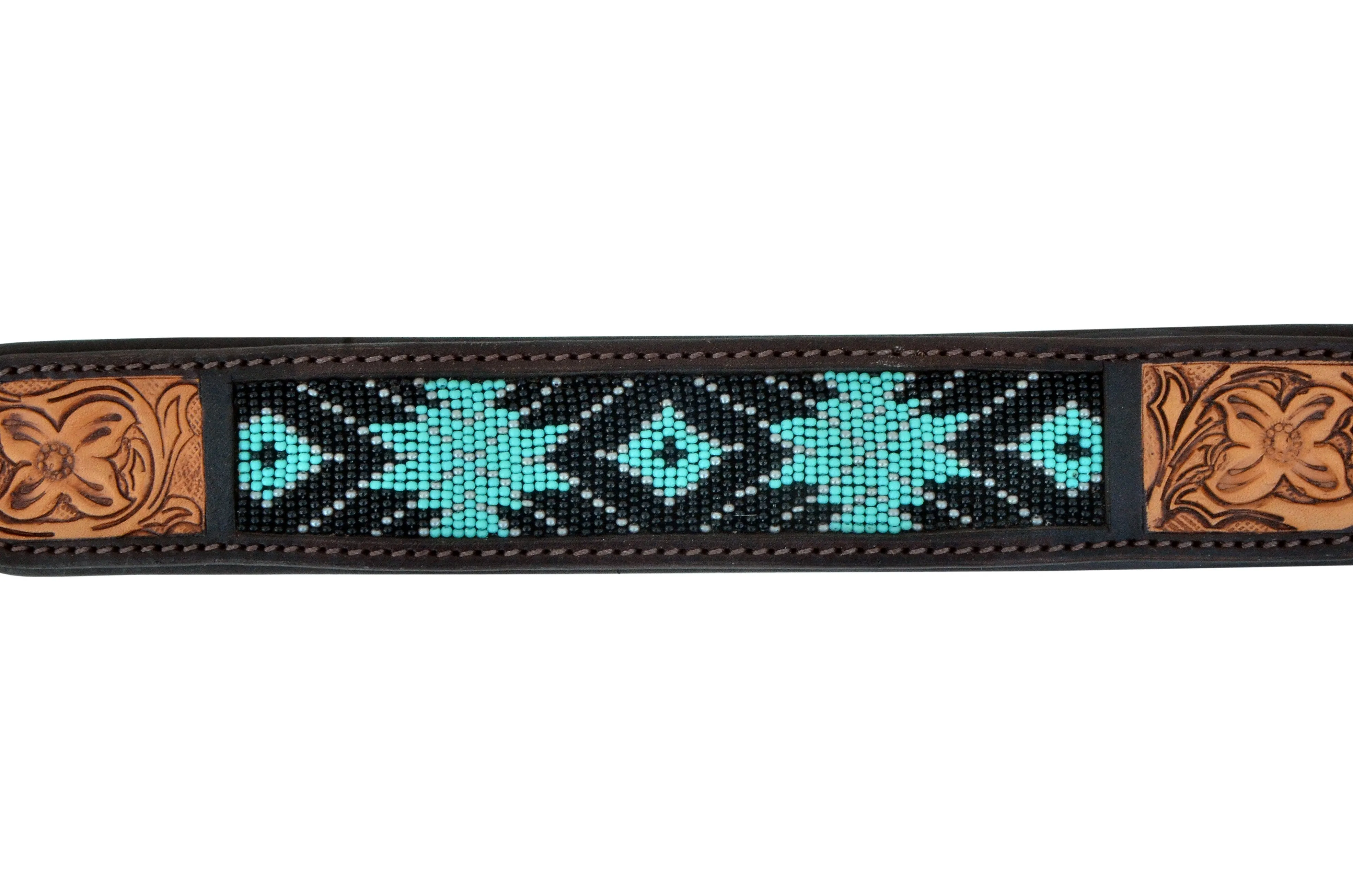 Western Style Beaded and Tooled Leather Dog Collar With Padded Soft Lining 10AB009