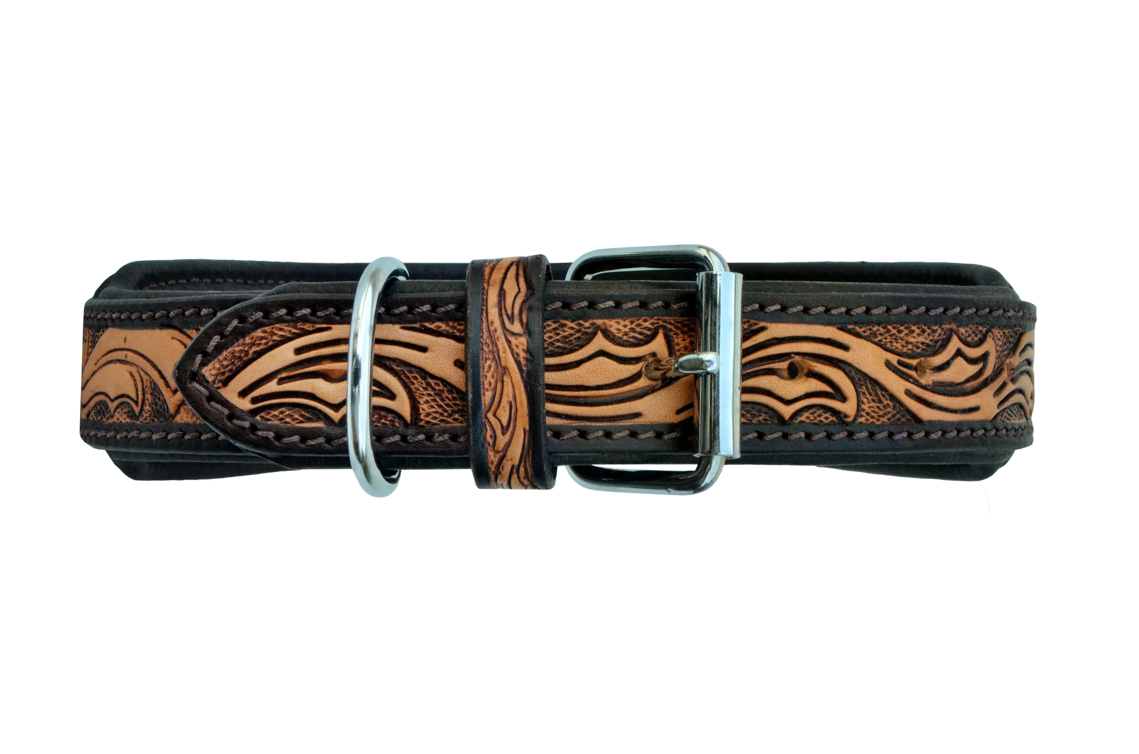 Western Style Beaded and Tooled Leather Dog Collar With Padded Soft Lining 10AB009