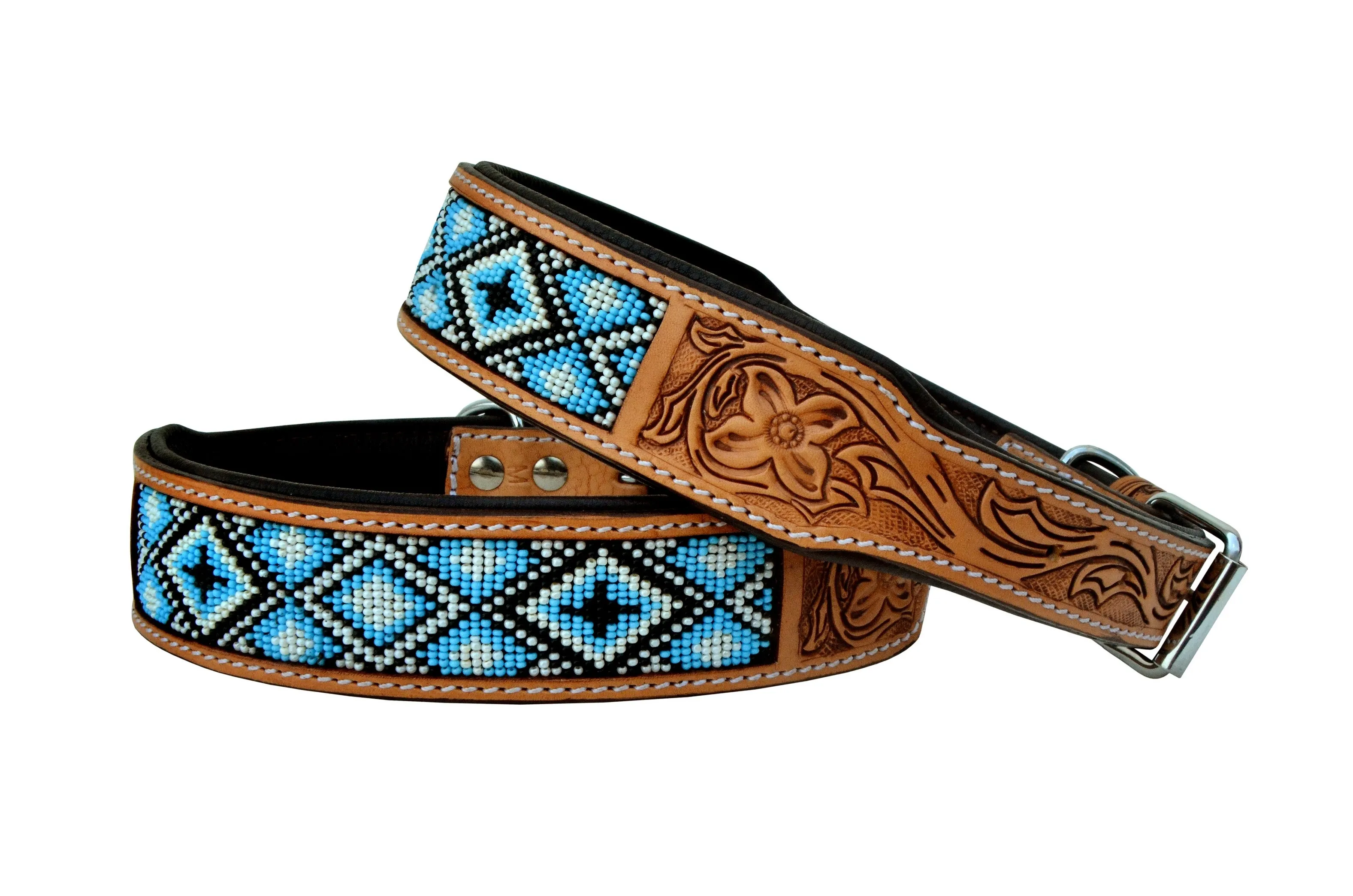 Western Style Beaded and Tooled Leather Dog Collar With Padded Soft Lining 10AB020