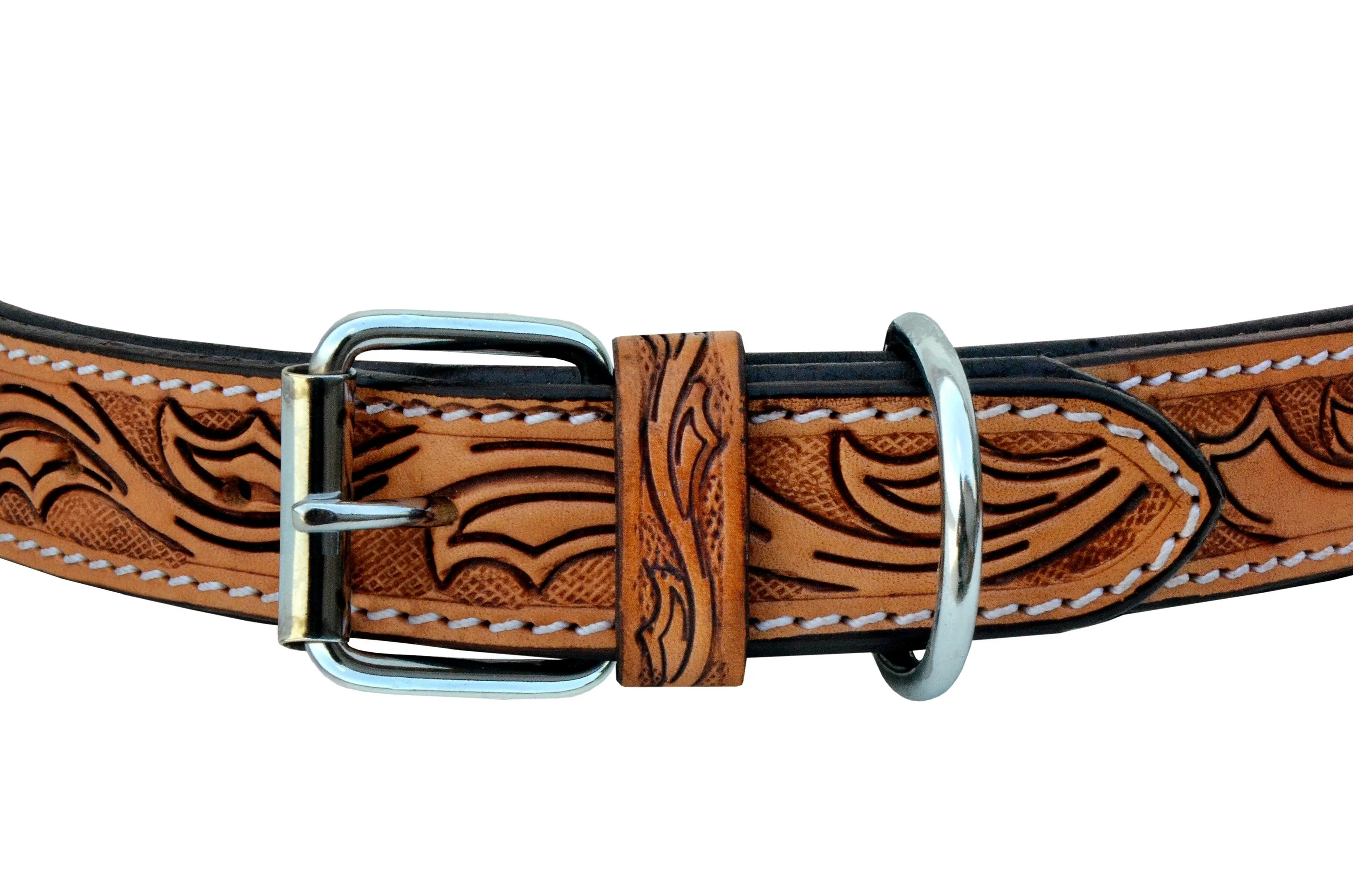 Western Style Beaded and Tooled Leather Dog Collar With Padded Soft Lining 10AB020