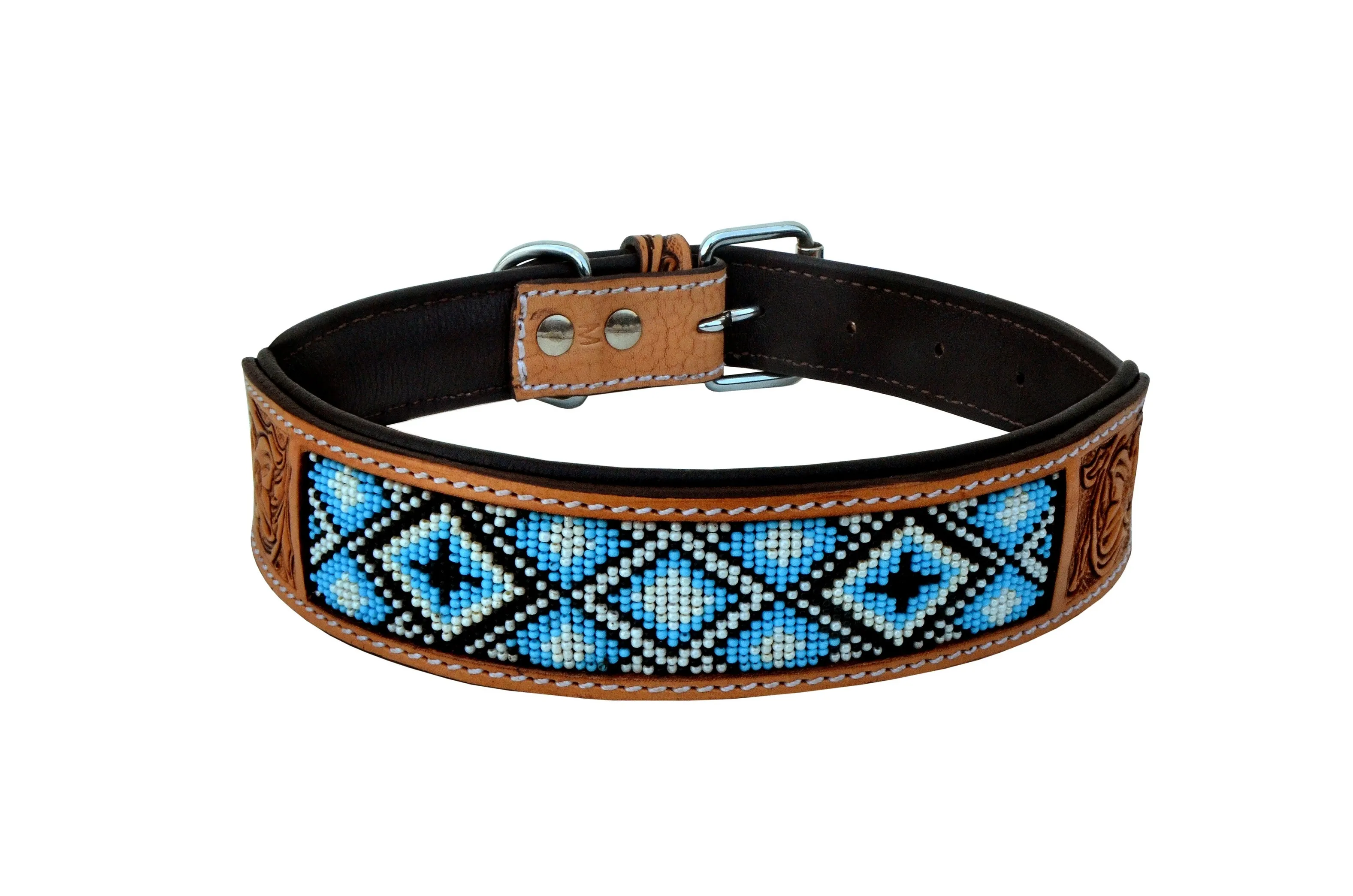 Western Style Beaded and Tooled Leather Dog Collar With Padded Soft Lining 10AB020