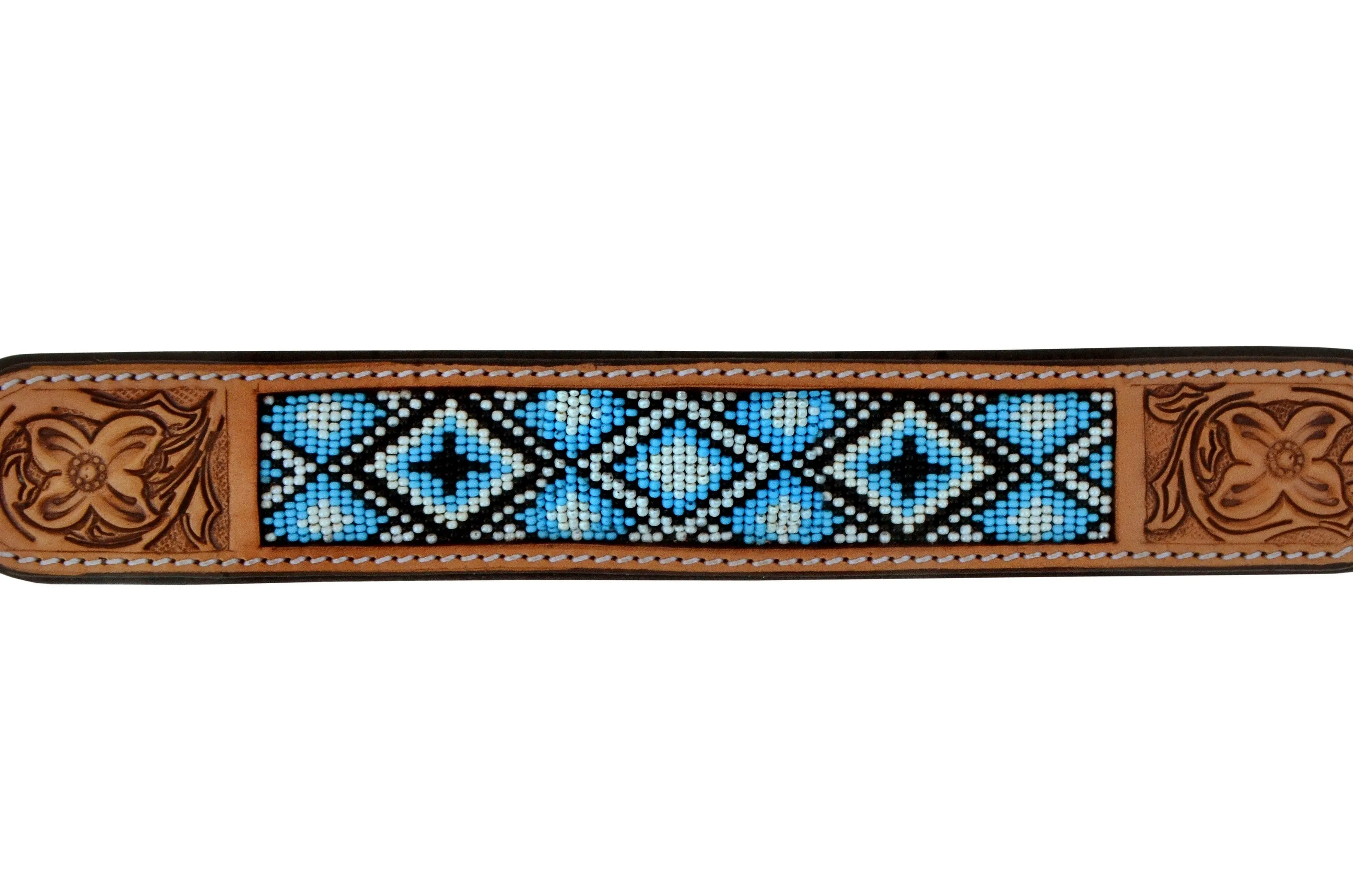 Western Style Beaded and Tooled Leather Dog Collar With Padded Soft Lining 10AB020