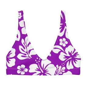 White Hawaiian Hibiscus Flowers on Purple Halter Bikini Top