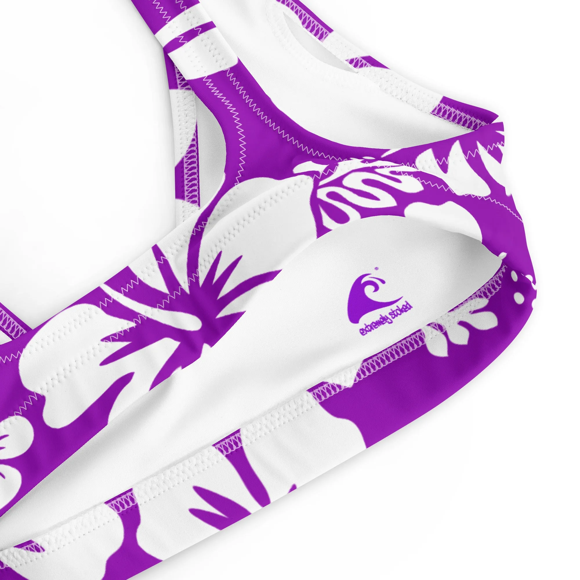 White Hawaiian Hibiscus Flowers on Purple Halter Bikini Top