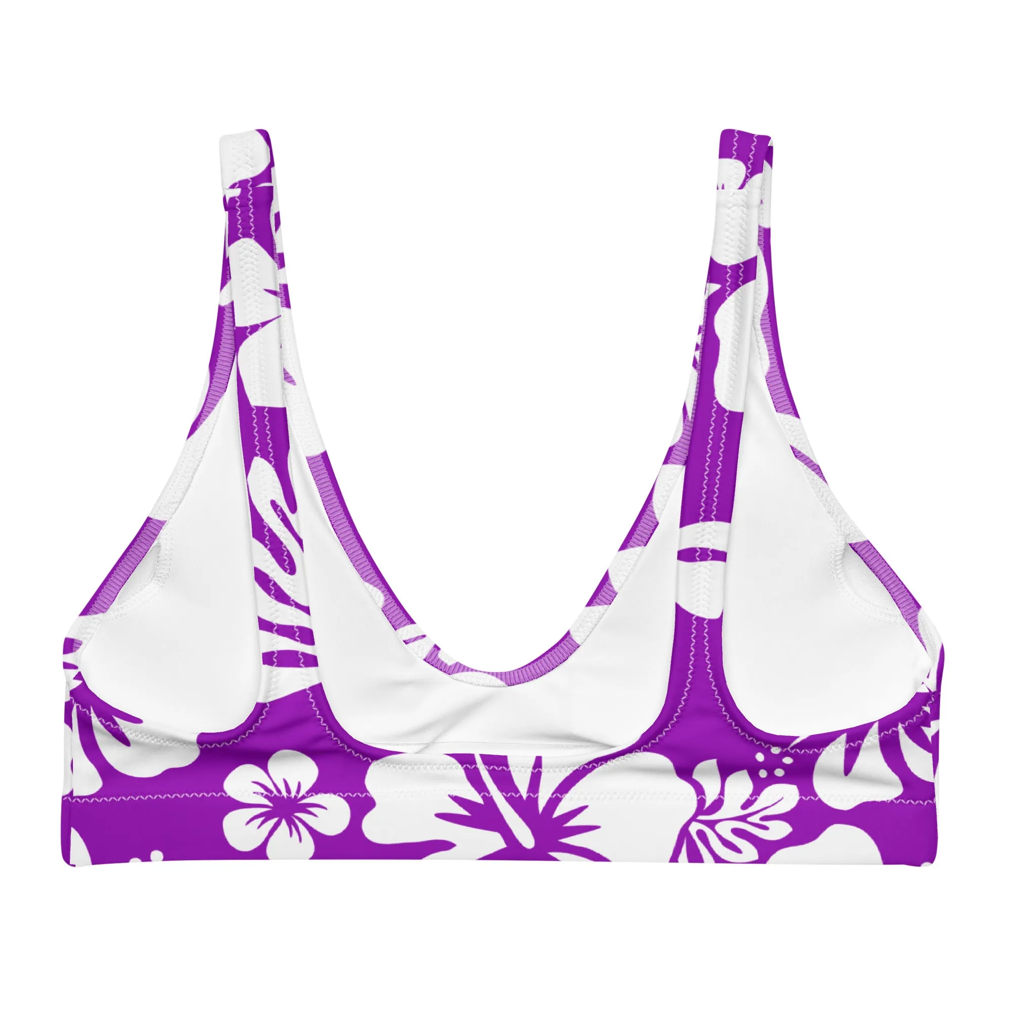 White Hawaiian Hibiscus Flowers on Purple Halter Bikini Top