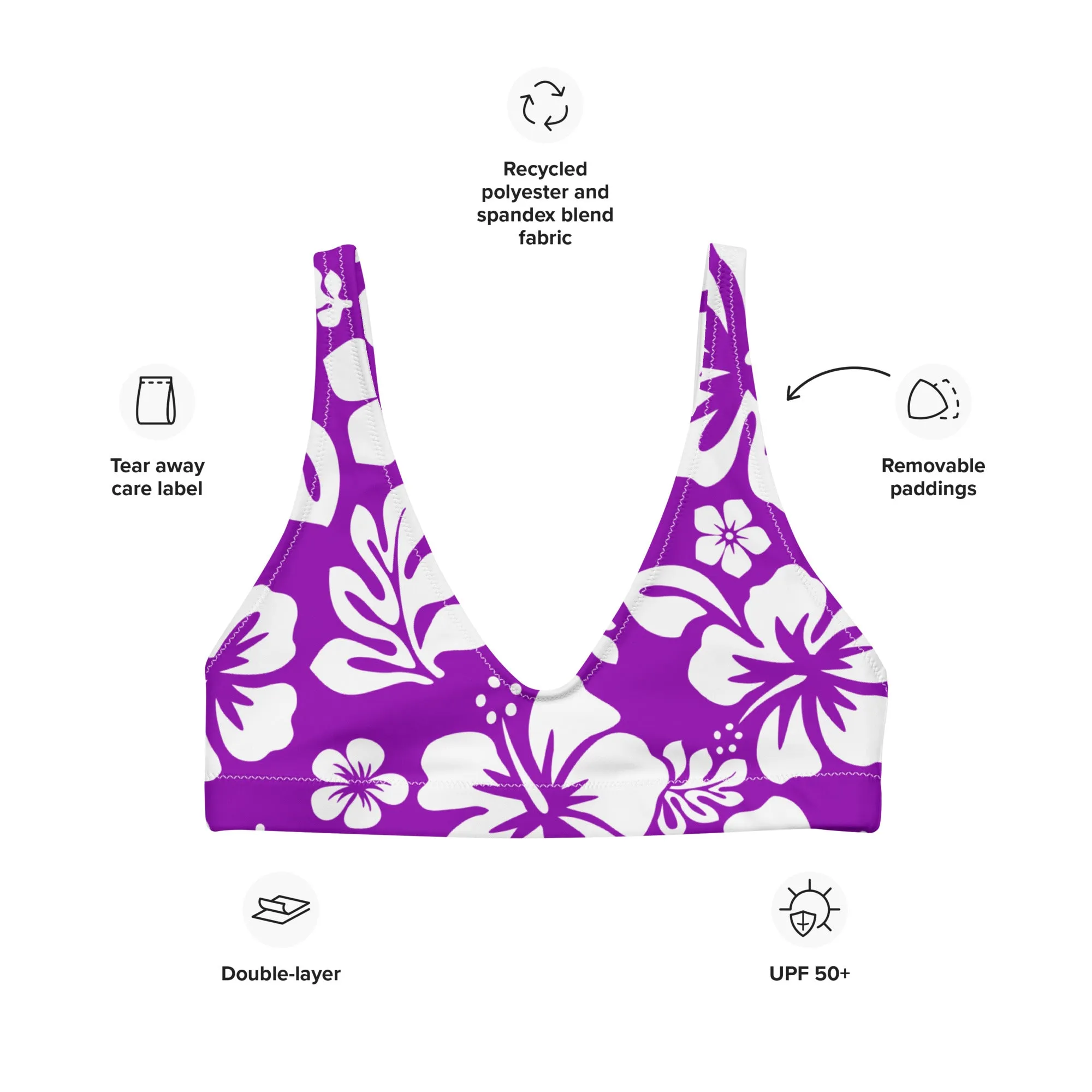 White Hawaiian Hibiscus Flowers on Purple Halter Bikini Top