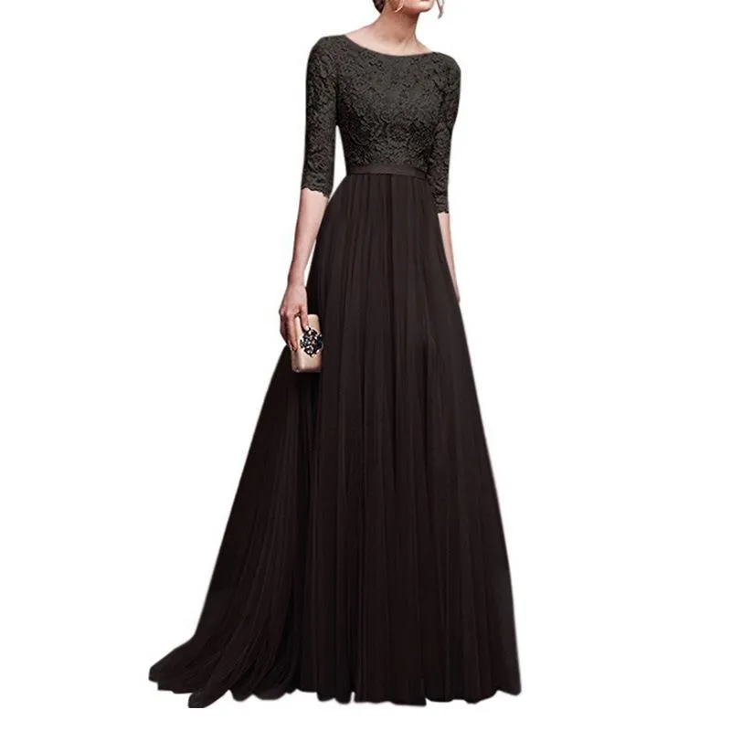 Women lace flower half sleeve evening party maxi dresses