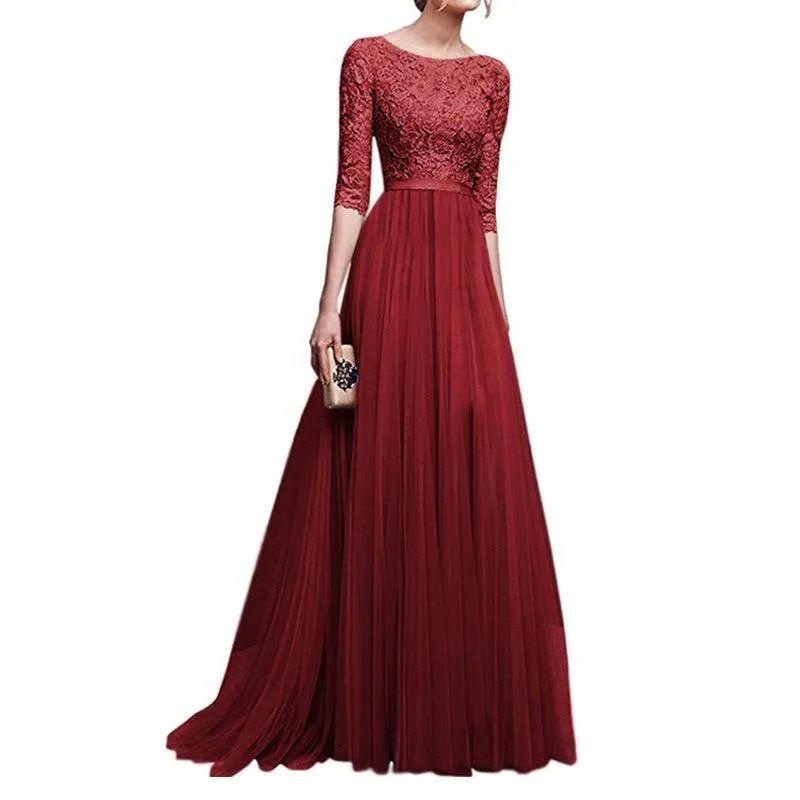 Women lace flower half sleeve evening party maxi dresses