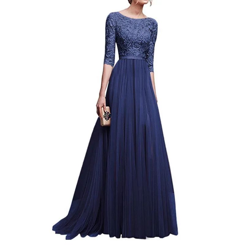 Women lace flower half sleeve evening party maxi dresses