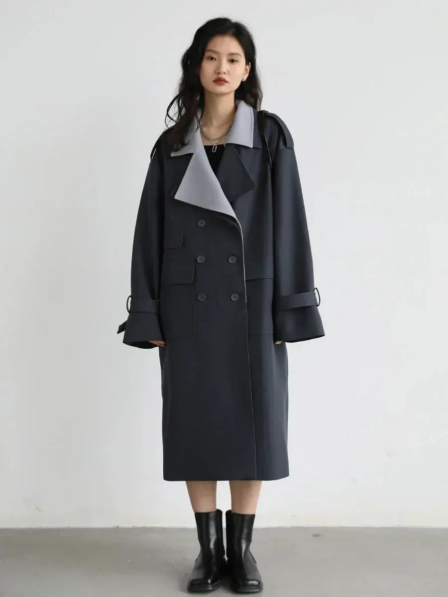 Women Trench Coat Solid Loose Contrast Double Collar Double Breasted Long Women's Coat