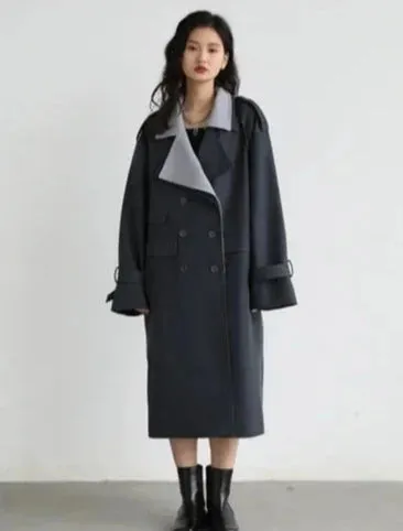 Women Trench Coat Solid Loose Contrast Double Collar Double Breasted Long Women's Coat