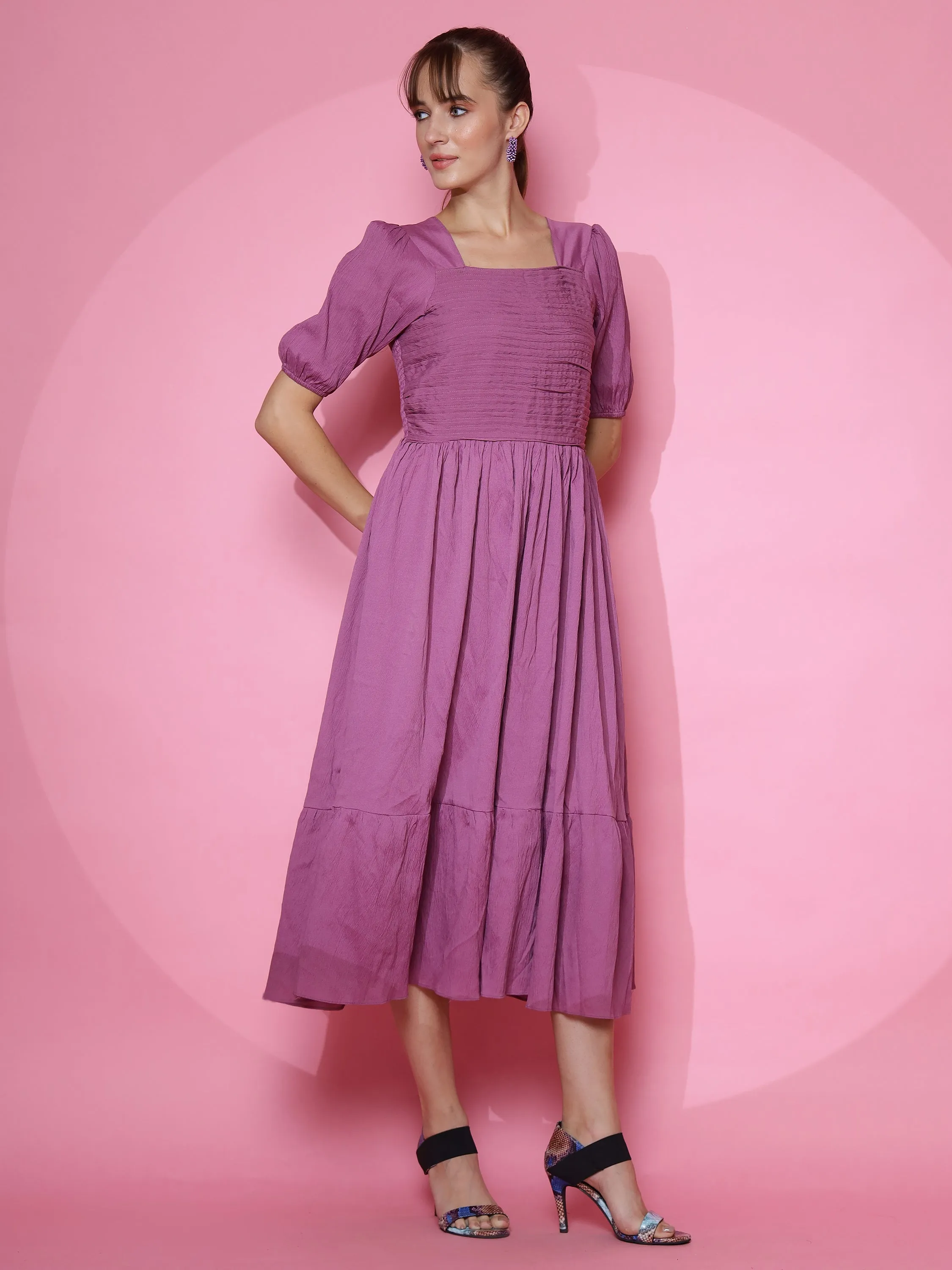 Women Trendy Purple Half Sleeve  Fit and Flare Maxi Dress