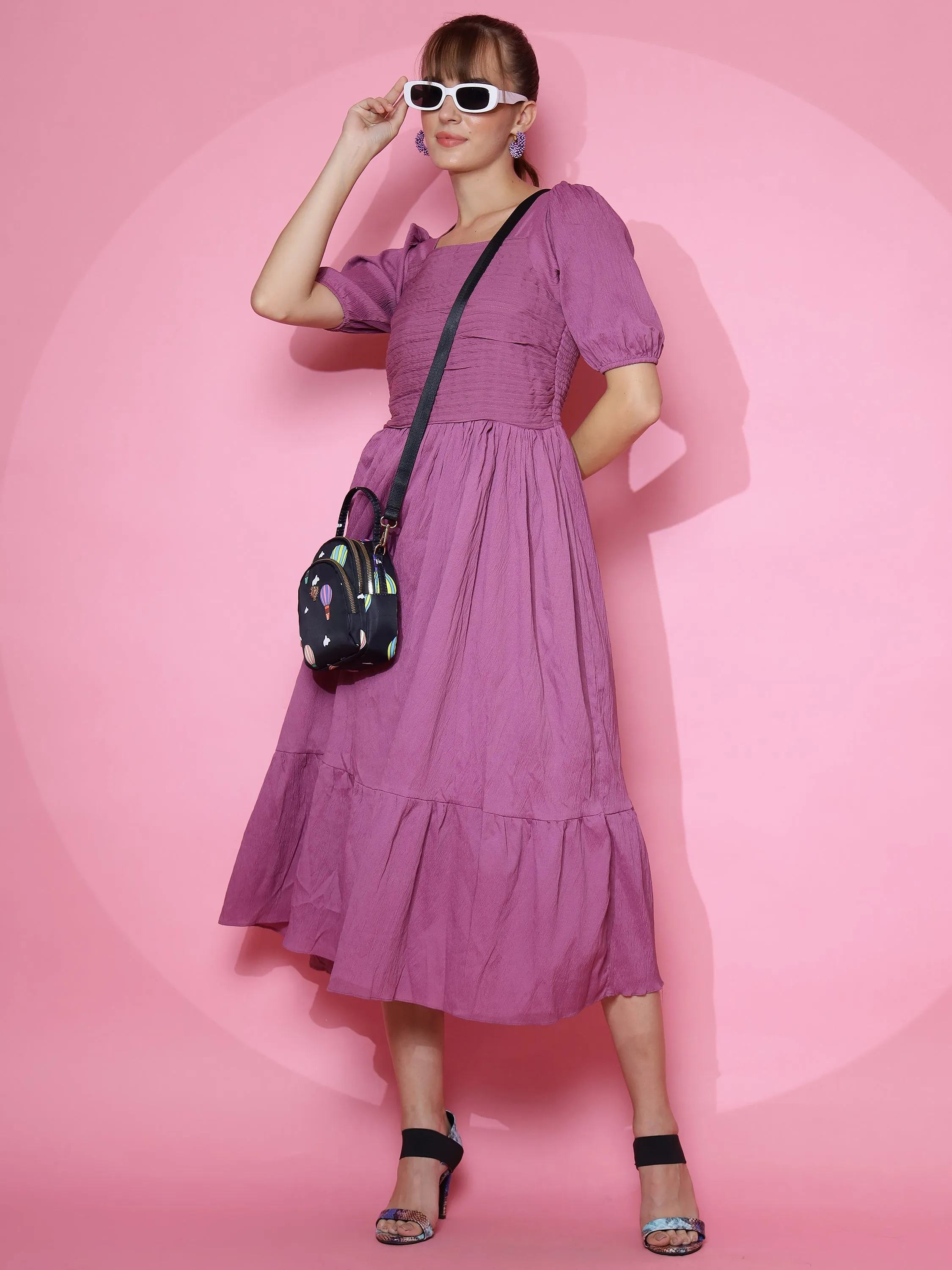 Women Trendy Purple Half Sleeve  Fit and Flare Maxi Dress