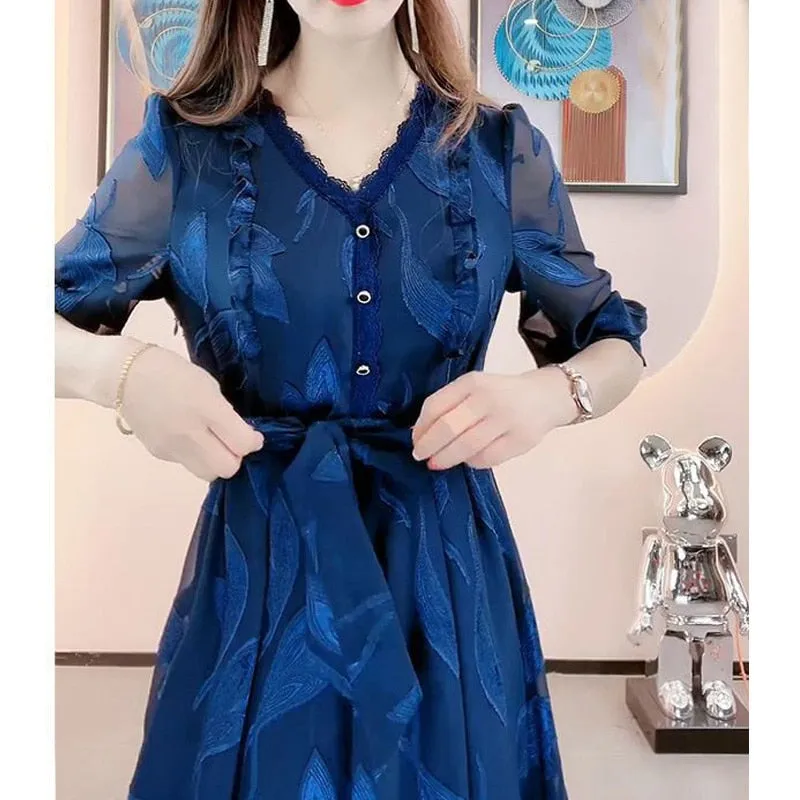 Women V Neck Lace Bandage Mesh Embroidery Party Dresses Chic Ruffle Blue Slim Midi Dress - WD8105