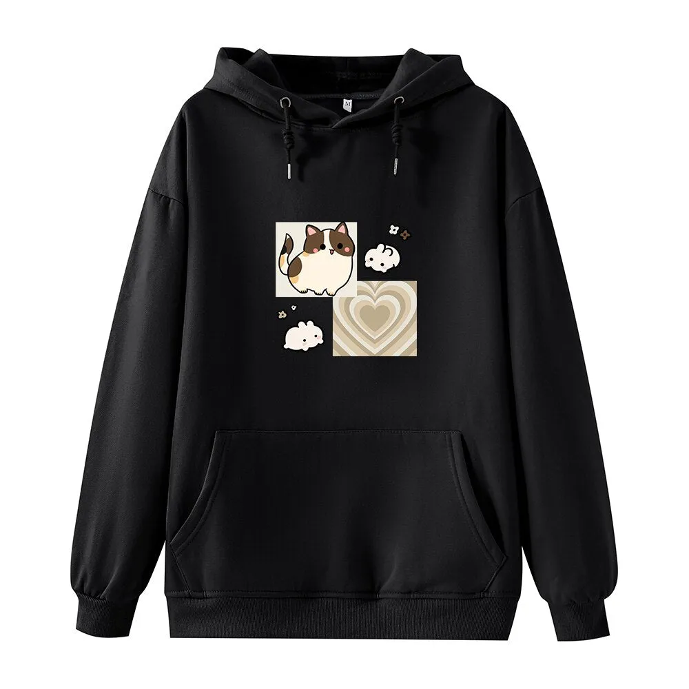 Y2K Brown Hearts and Kawaii Kitty Soft Hoodie