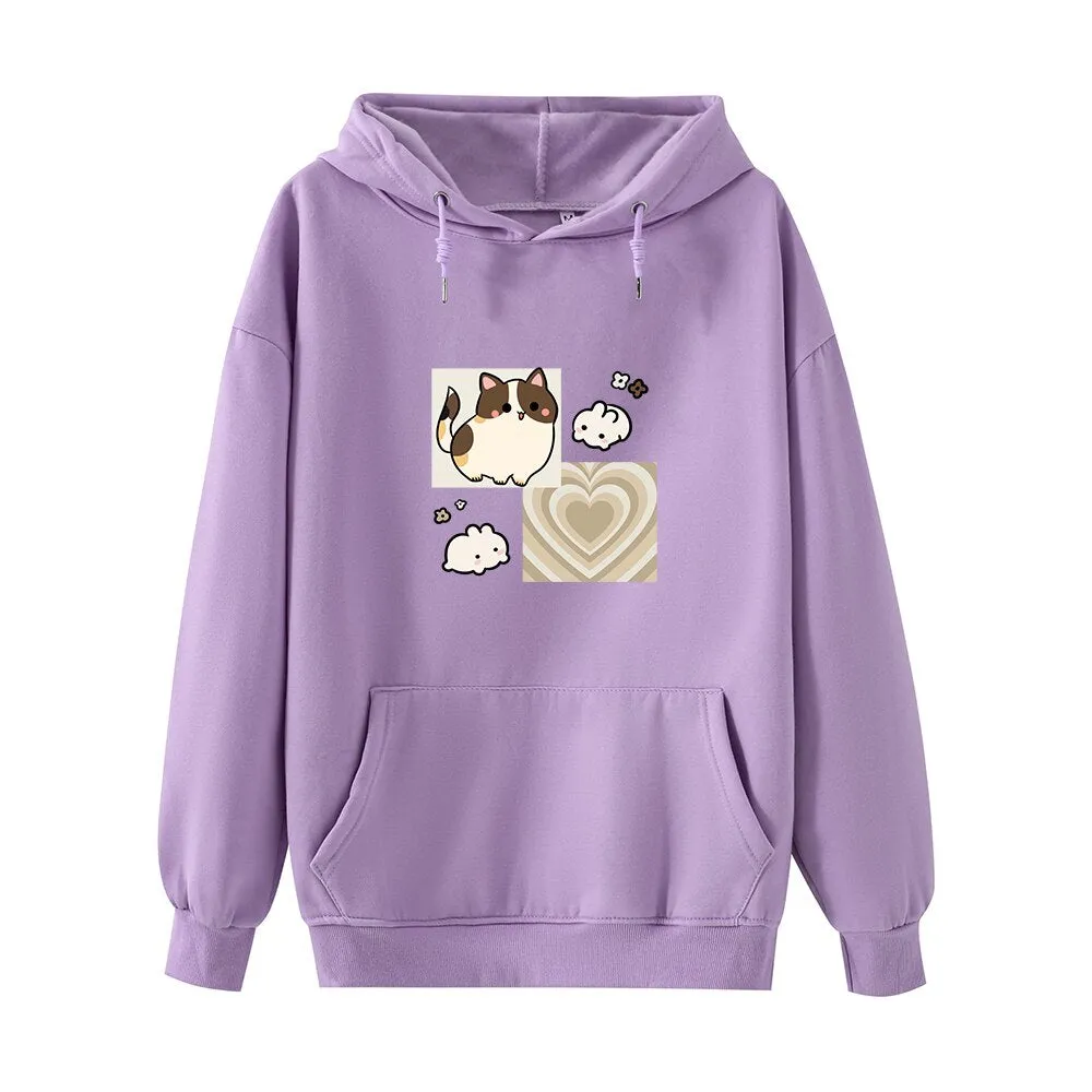 Y2K Brown Hearts and Kawaii Kitty Soft Hoodie