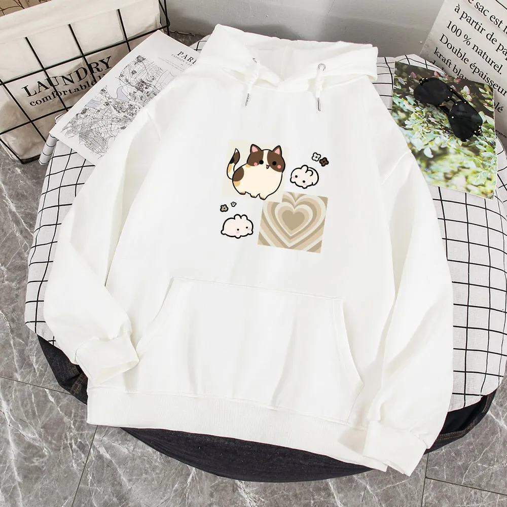 Y2K Brown Hearts and Kawaii Kitty Soft Hoodie