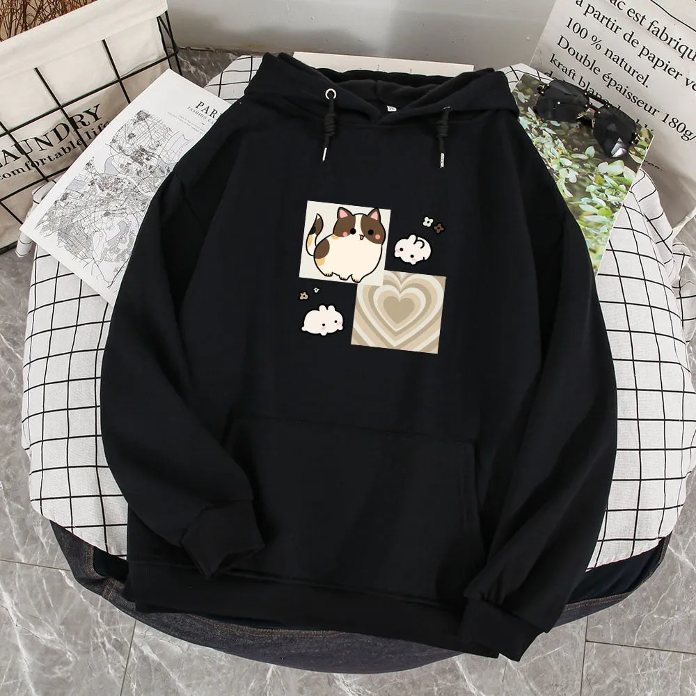 Y2K Brown Hearts and Kawaii Kitty Soft Hoodie