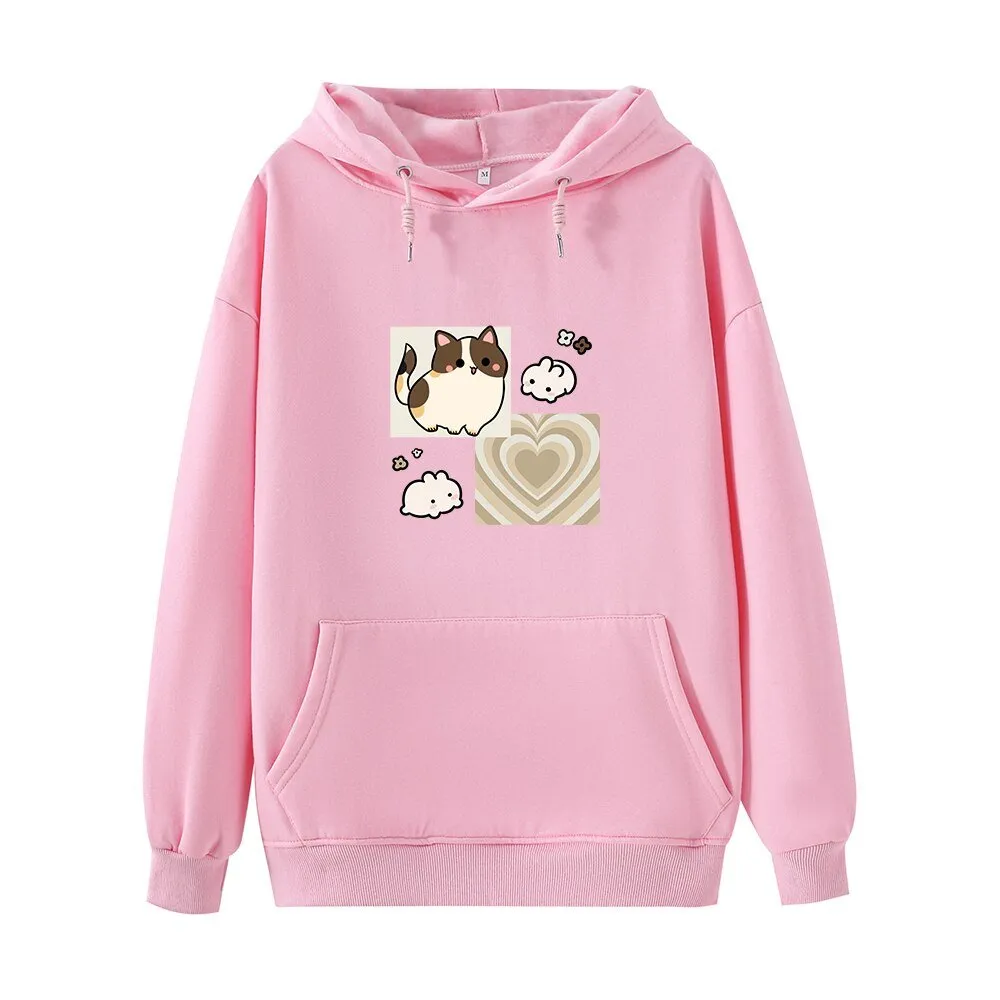 Y2K Brown Hearts and Kawaii Kitty Soft Hoodie