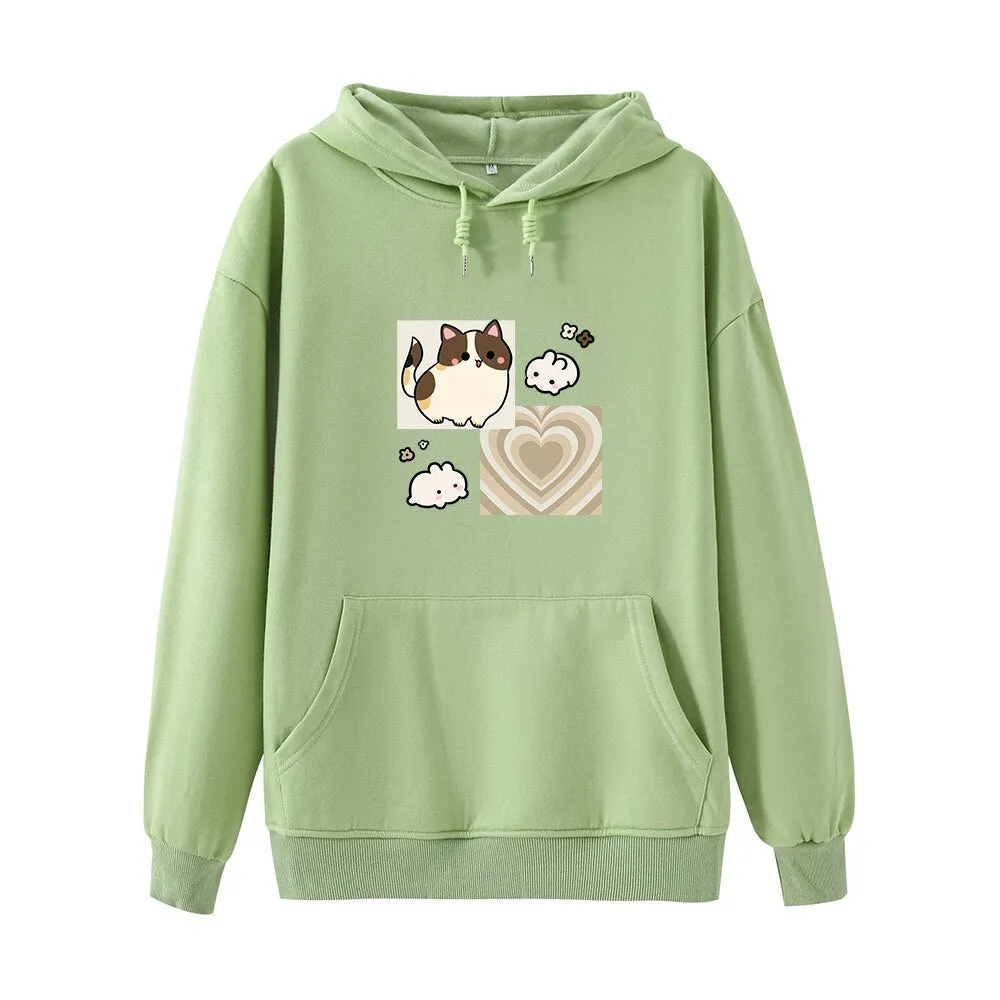 Y2K Brown Hearts and Kawaii Kitty Soft Hoodie