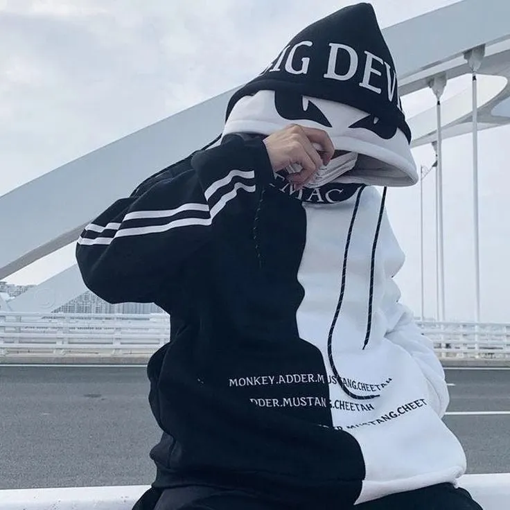 Y2K Harajuku Chinese Streetwear Oversize Colourblock Fleece Double Cap Pullover Drawstring Hoodie