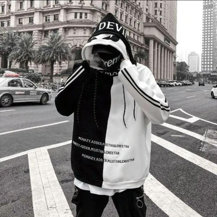 Y2K Harajuku Chinese Streetwear Oversize Colourblock Fleece Double Cap Pullover Drawstring Hoodie